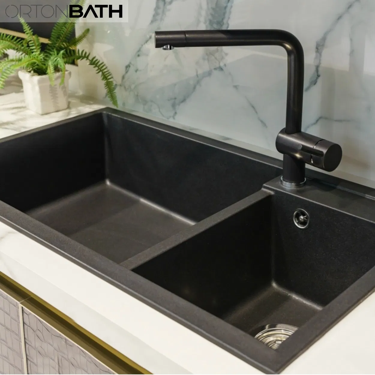 Ortonbath Double Bowl Black Silvery Granite Composite Kitchen Sink &amp; Waste Kit - 780 X 430mm