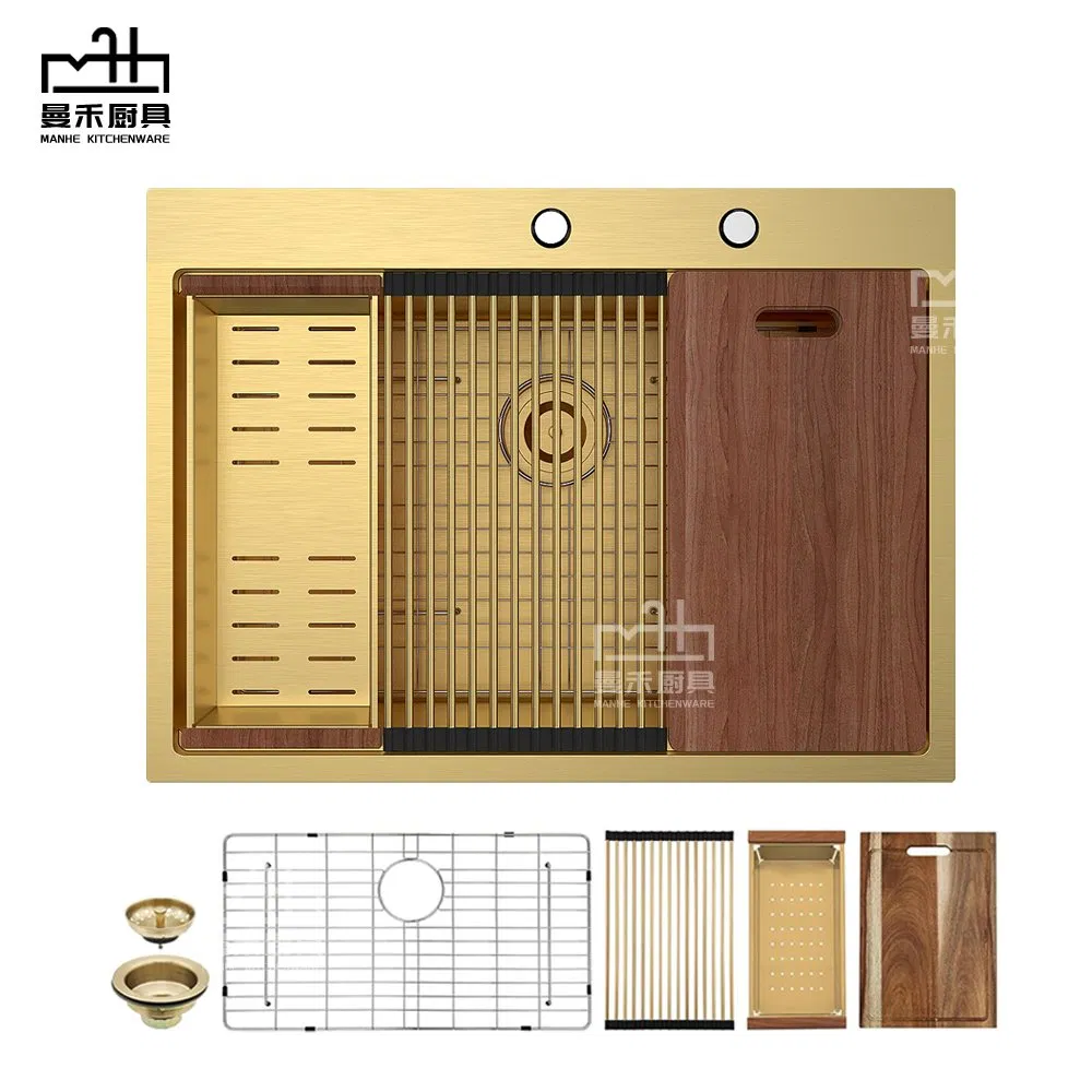 33 Inch Drop in Kitchen Sink Gold Brushed 33X22 Workstation Stainless Steel 16 Gauge Single Bowl Handmade Topmount Kitchen Sink with Cutting Board