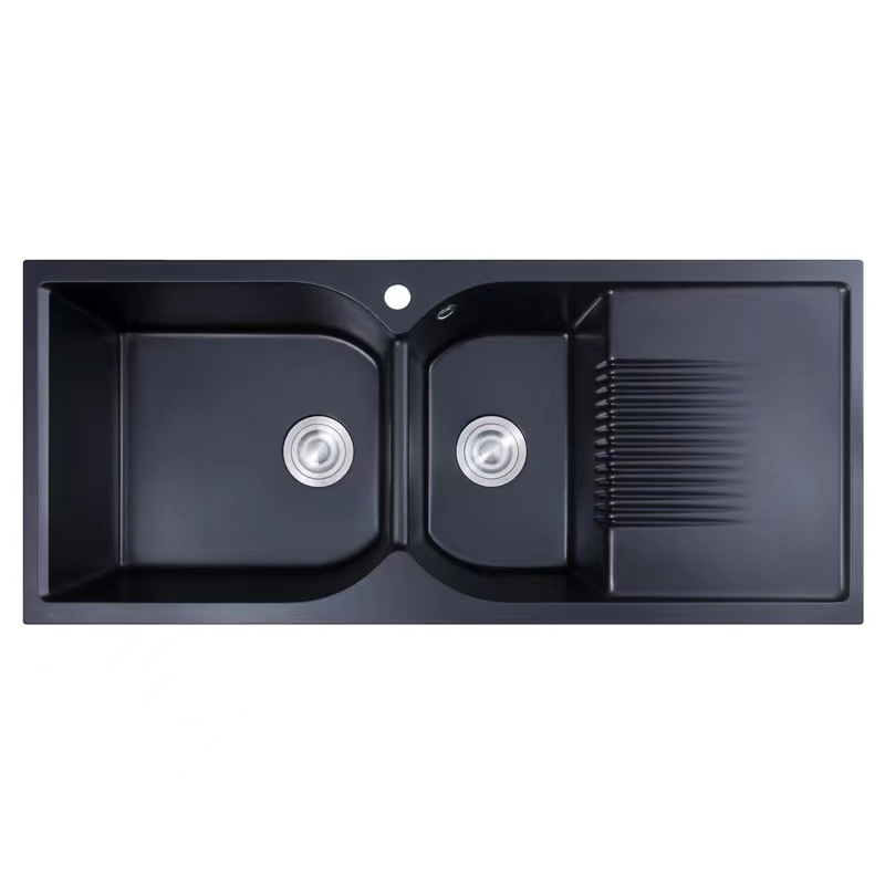 Black Granite Quartz Kitchen Sink with Cutting Board &amp; Drain Rack, Undermount Multi-Functional Bowl