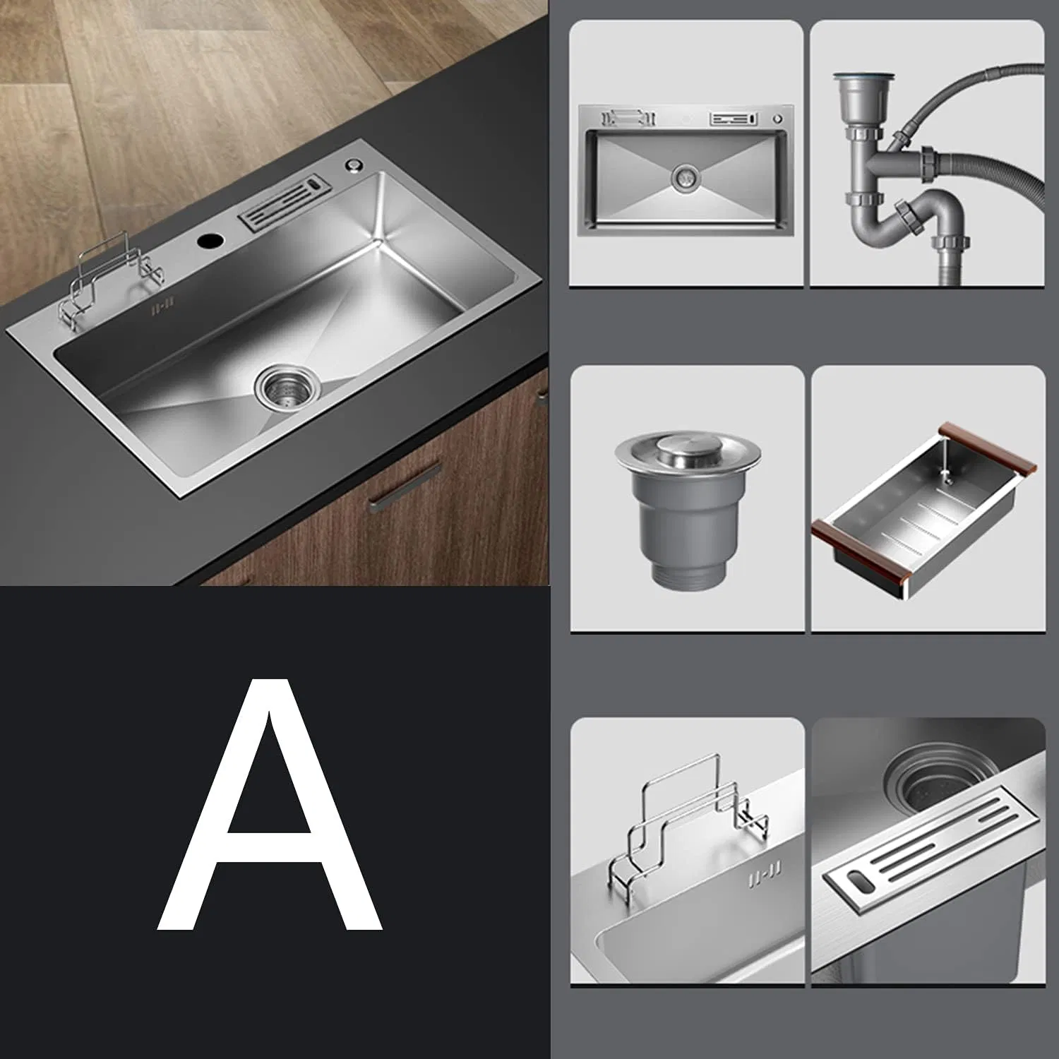 Modern SUS304 Stainless Steel Kitchen Sink Thick Large Single Slot with Knife Holder and Cutting Board Rack PVD Nano Vegetable Sink