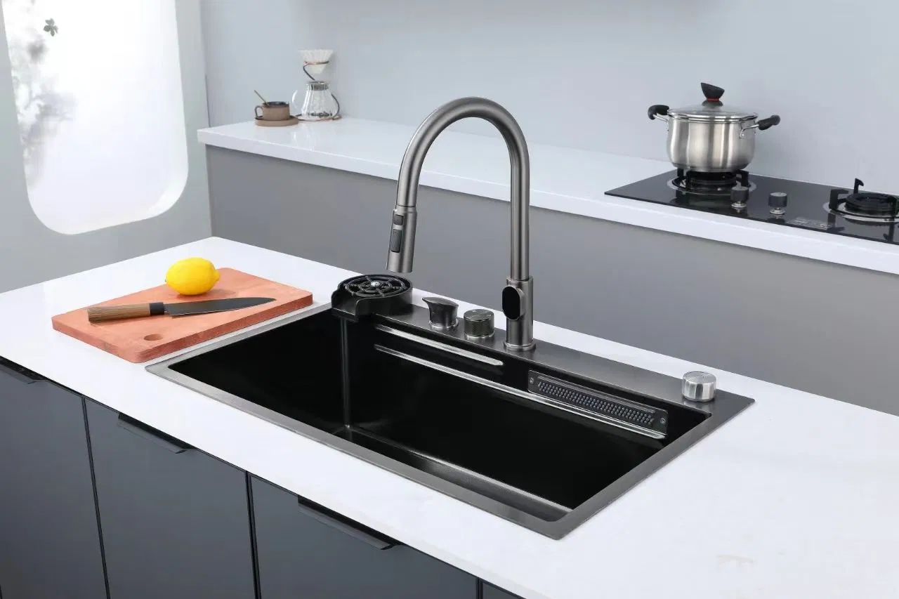 Topmount 201/304 Black Waterfall Drop in Waterfall Kitchen Sink High-End Multifunction Smart Honeycomb Single Bowl