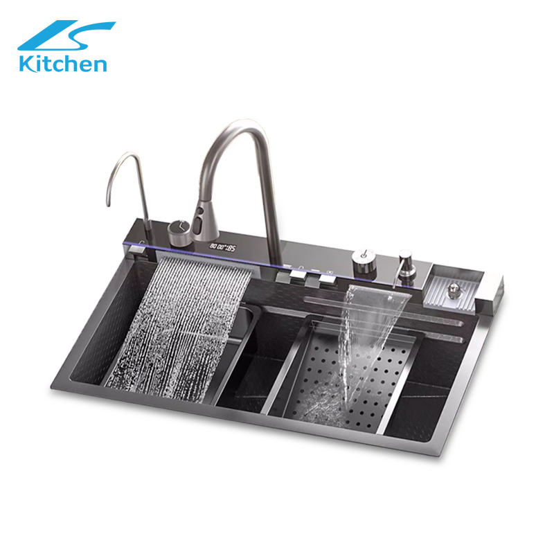 Modern Smart LED Digital Waterfall Stainless Steel Double Bowl Black Kitchen Sink Fregadero De La Cocina