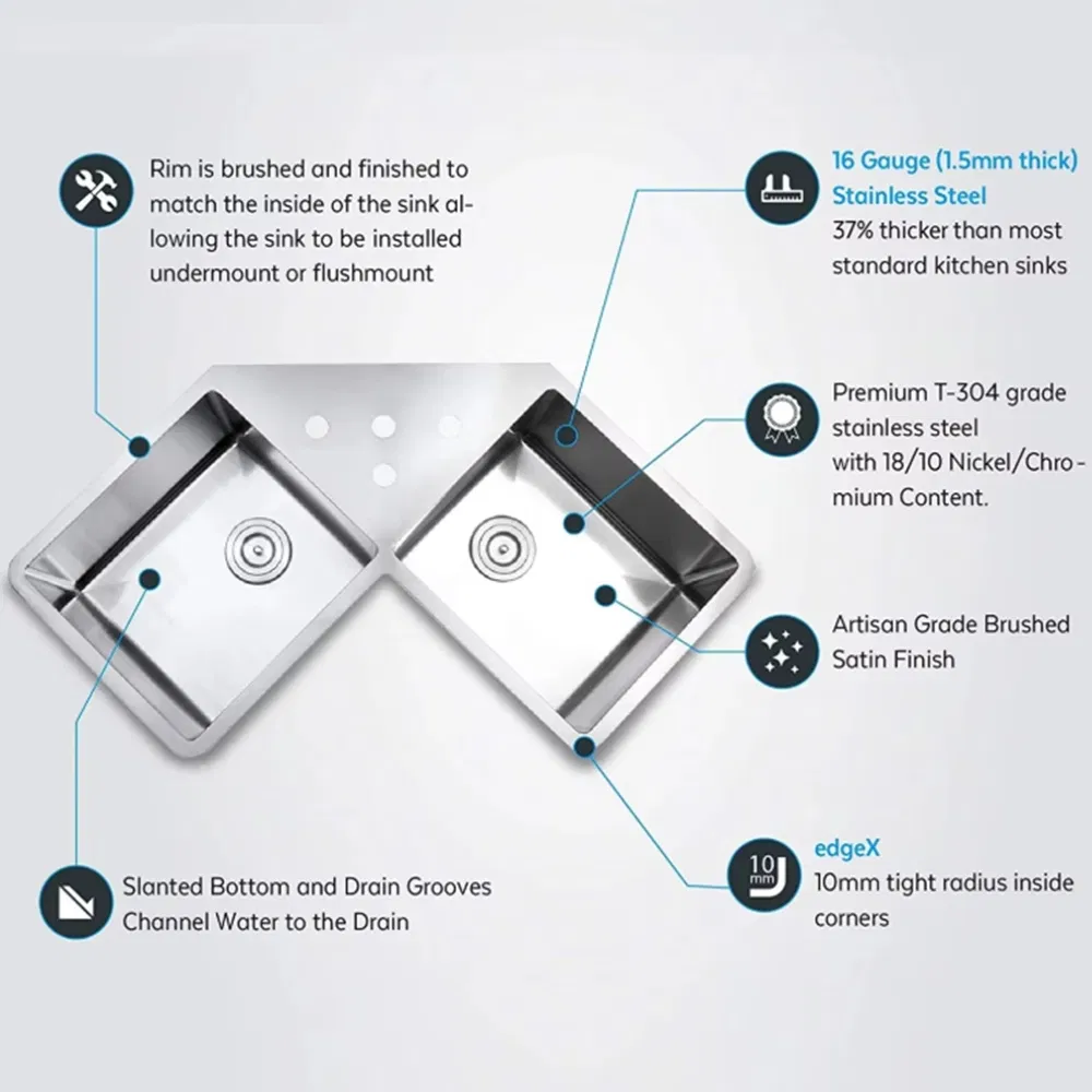 ODM/OEM Luxury Irregular Corner Single Bowl 304/201 Handmade Stainless Steel Kitchen Sink