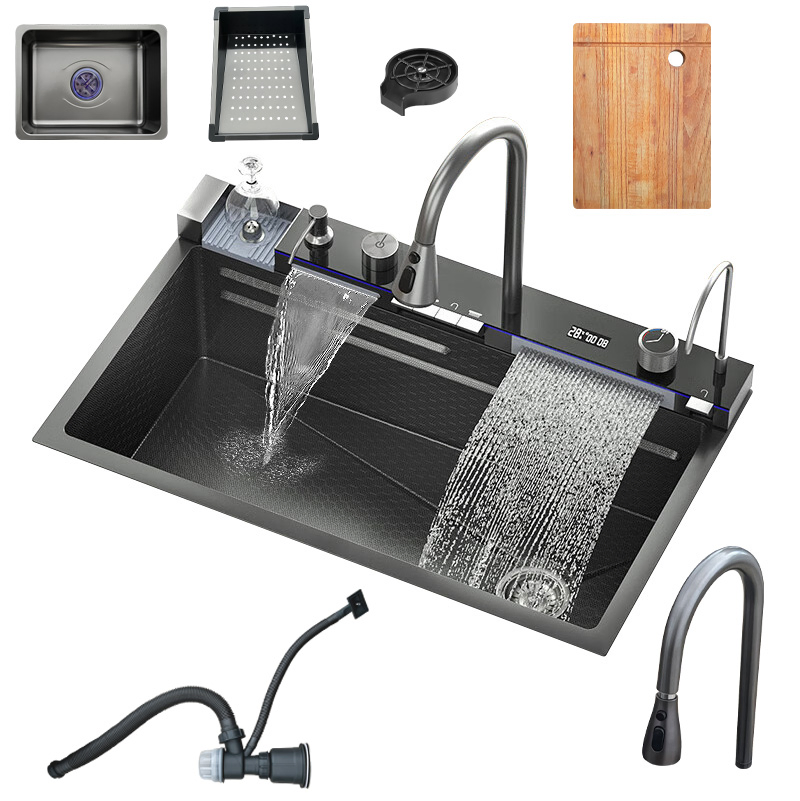 Multi Functional Handmade Stainless Steel Nano Double Bowl Waterfall Style Kitchen Sink