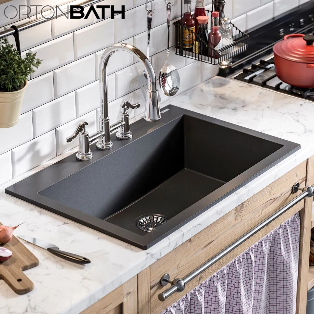 Ortonbath Rectangular Top Mount Single Bowl Black Silvery Granite Composite Kitchen Sink &amp; Waste Kit With1 Tap Hole
