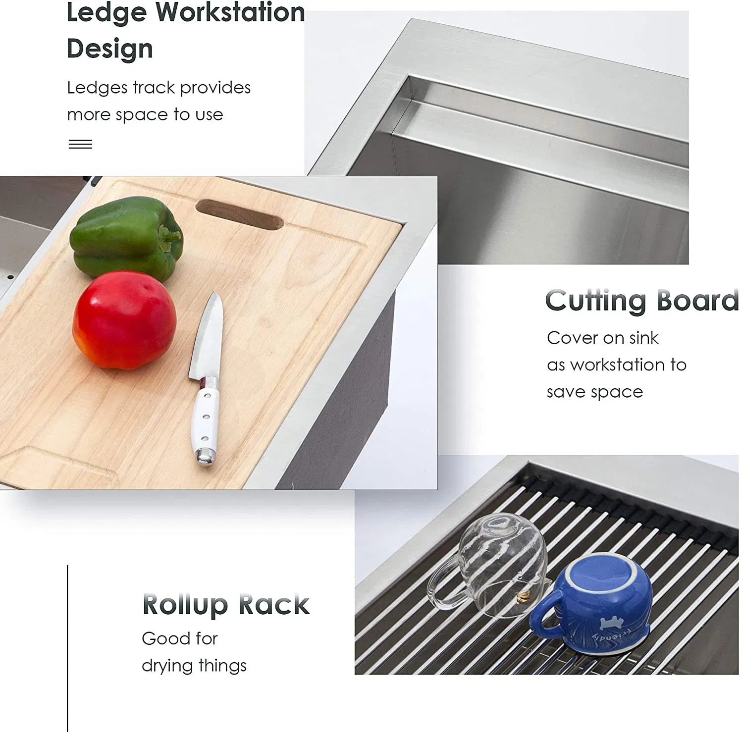 Aquacubic 25 X 22 Inch 18/16 Gauge Topmount Deep Single Bowl Sinks Ledge Workstation, Drop in Kitchen Sinks