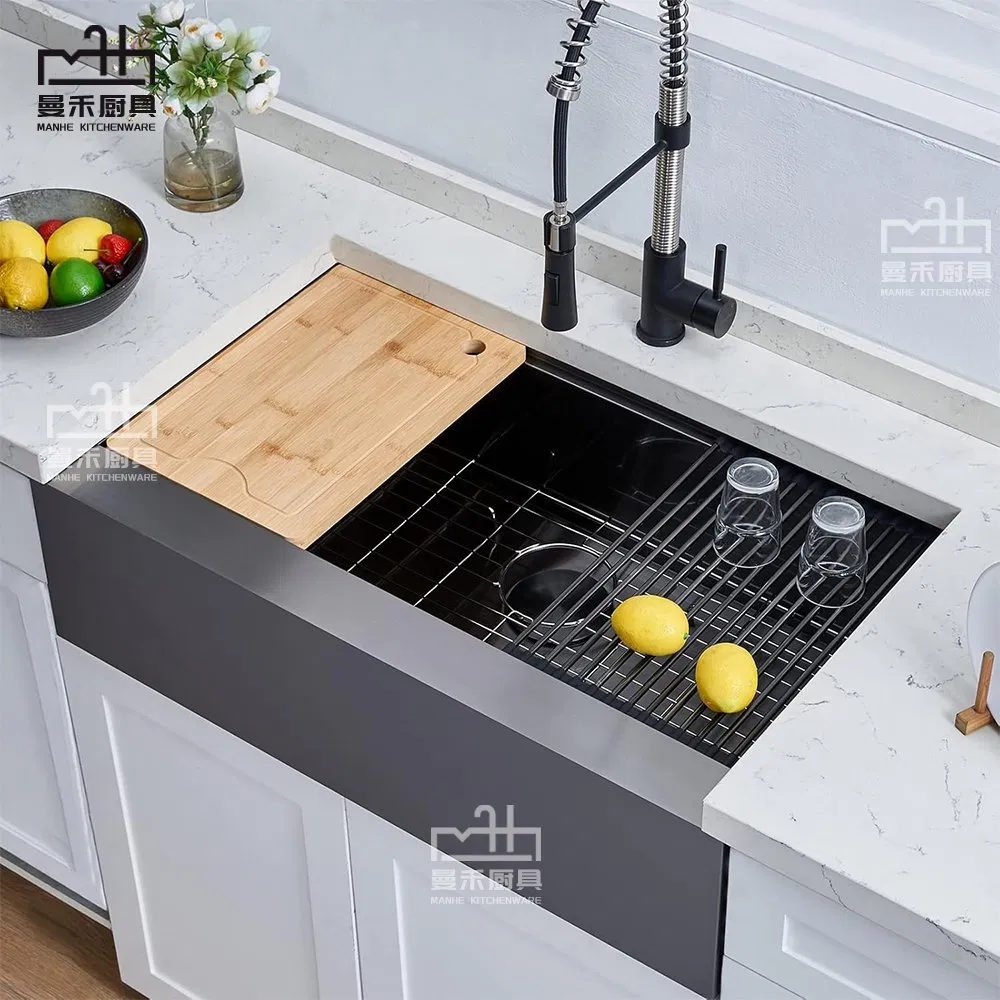33X20 Inch Stainless Steel Farmhouse Sink Gunmetal Black Single Bowl Workstation Flat Apron Front Farm Kitchen Sink with Cutting Board