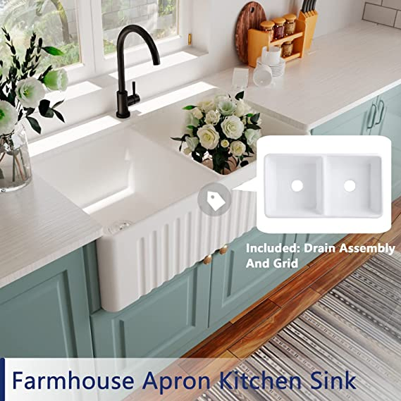 33 Inch Double Bowl White Kitchen Sink Apron Front Ceramic Porcelain Fireclay Farm Deep Sinks