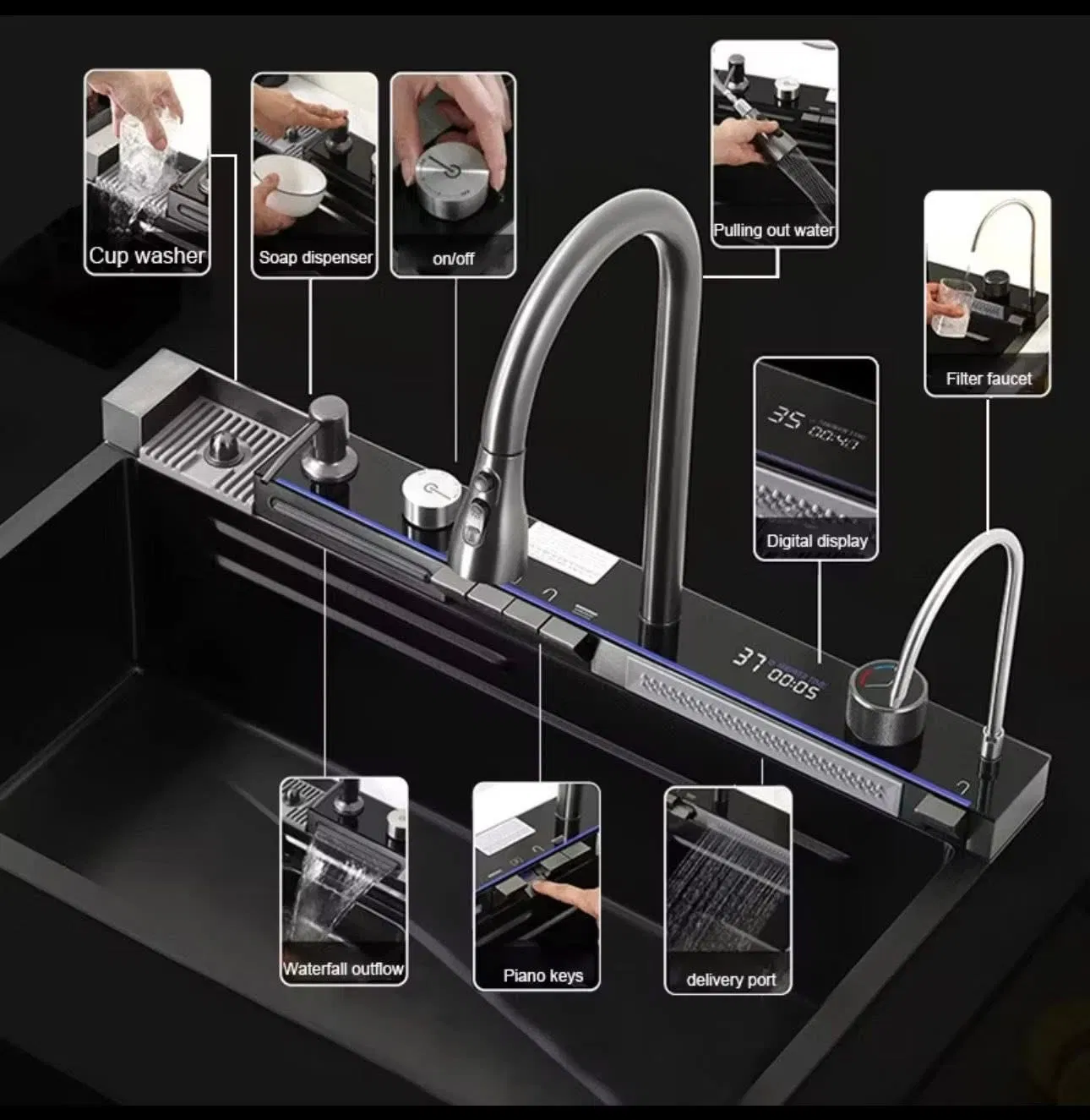 Premium 304 Ss Waterfall Kitchen Sink with Built-in Pull-out Sprayer &amp; Cutting Board