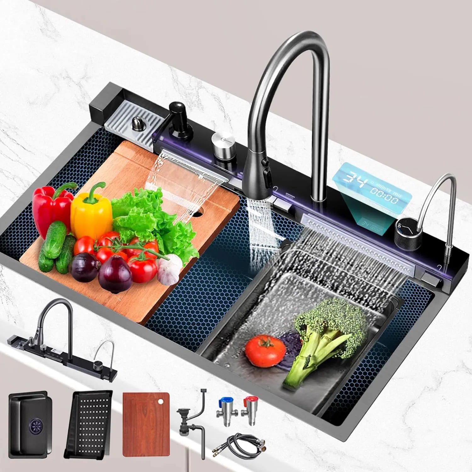 Double Waterfall Stainless Steel Kitchen Sink with Temperature Display Smart Piano Key