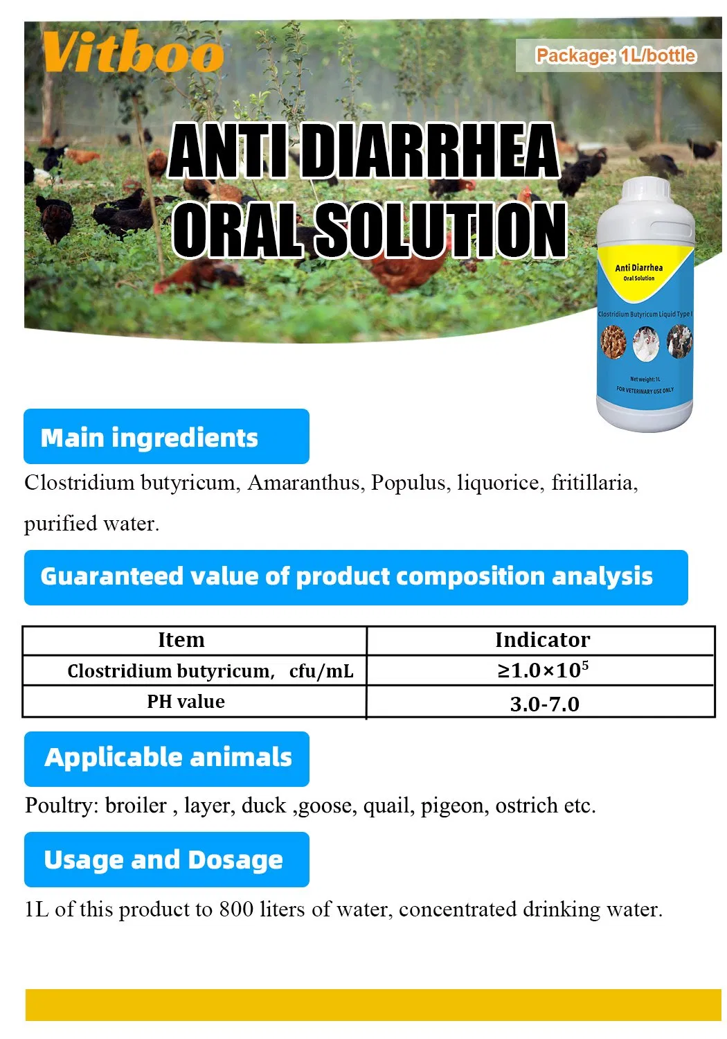 Poultry Intestinal Treat Anti Diarrhea Oral Solution, Probiotics Liquid for Animal Digestion