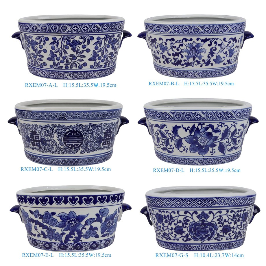 Wholesale Affordable Blue and White Floral Motif Ceramic Houseplant Growers with Handles