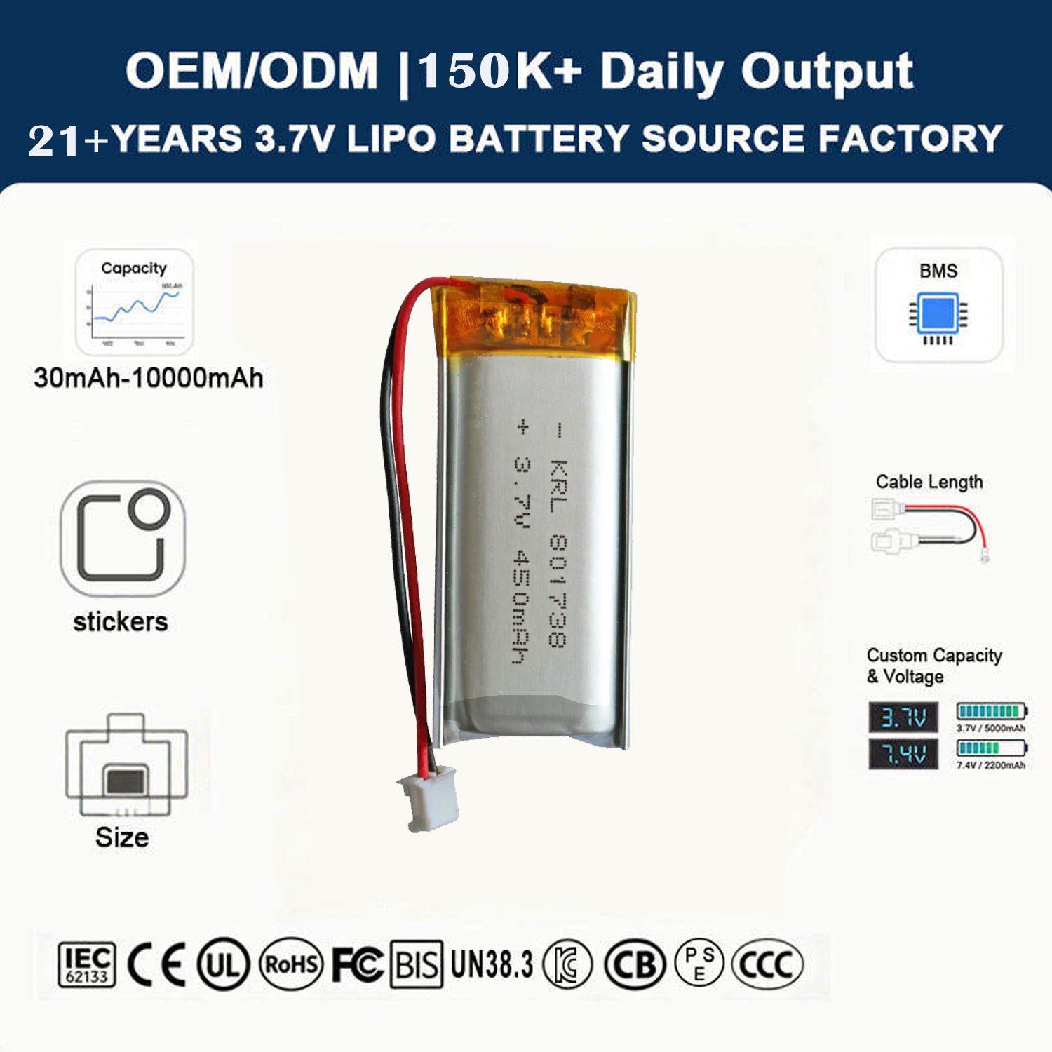 Manufacturer KC Certified 3.7v 801738 450mAh pouch lithium ion batteries Cell for Korea Market Smart Devices Customized Solution