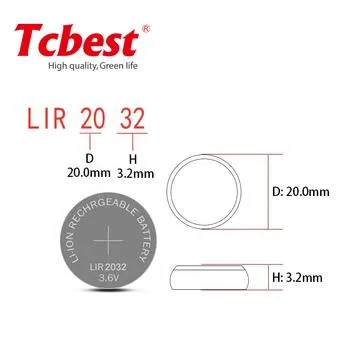 Lir2032 40mAh Rechargeable 3.6V/3.7V Lithium Ion Button Cell with Solder Tabs