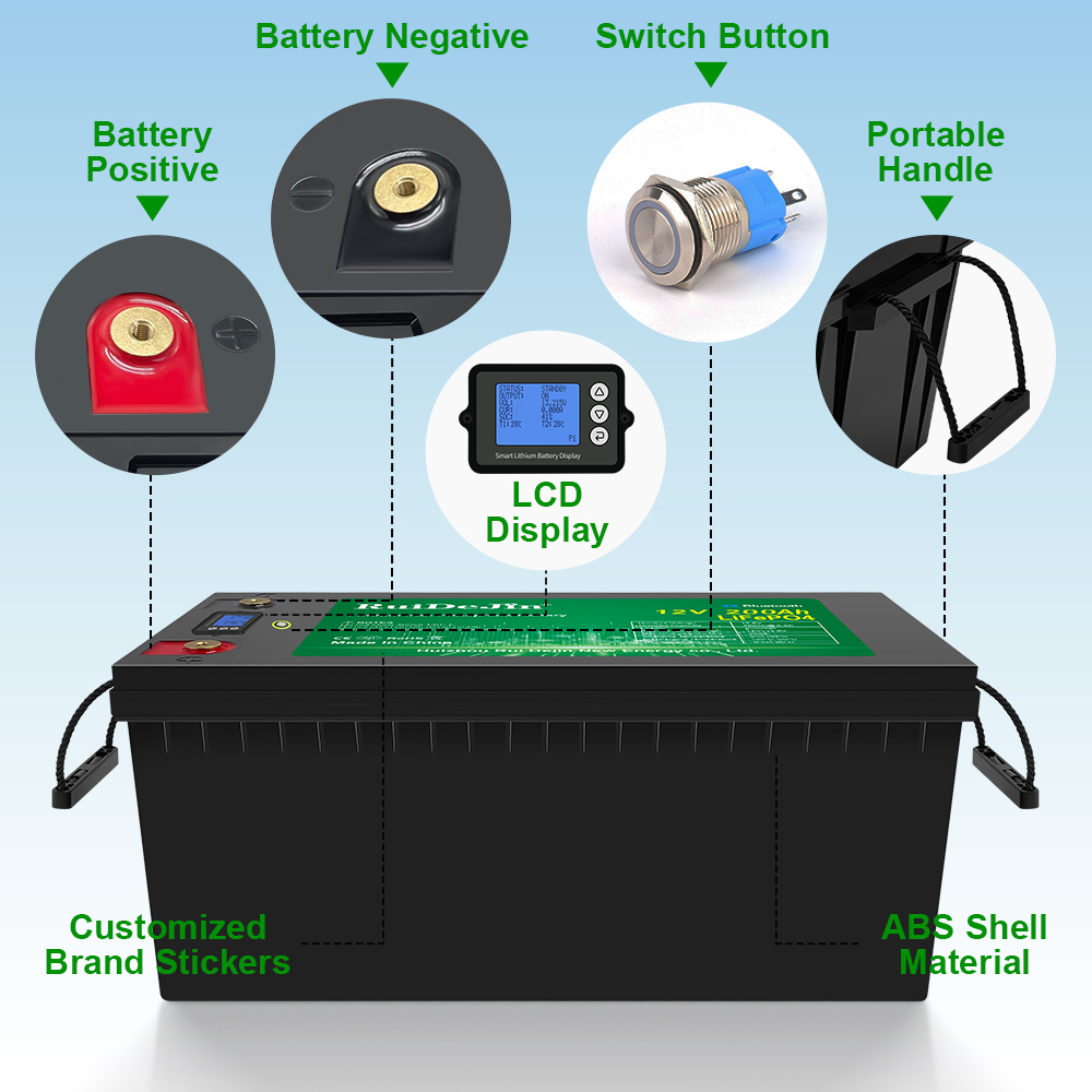 12V 20Ah 50Ah 100Ah 200Ah 300Ah 400Ah Smart BMS Waterproof IP67 Grade A Cell LifePo4 LFP Battery Pack Lithium Solar Batteries