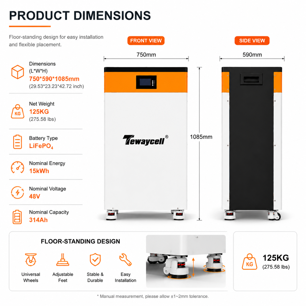 Tewaycell 15kWh 48V 314Ah LiFePO4 Home Energy Storage Battery All in One Mobile ESS with Wheels 6000+ Cycles