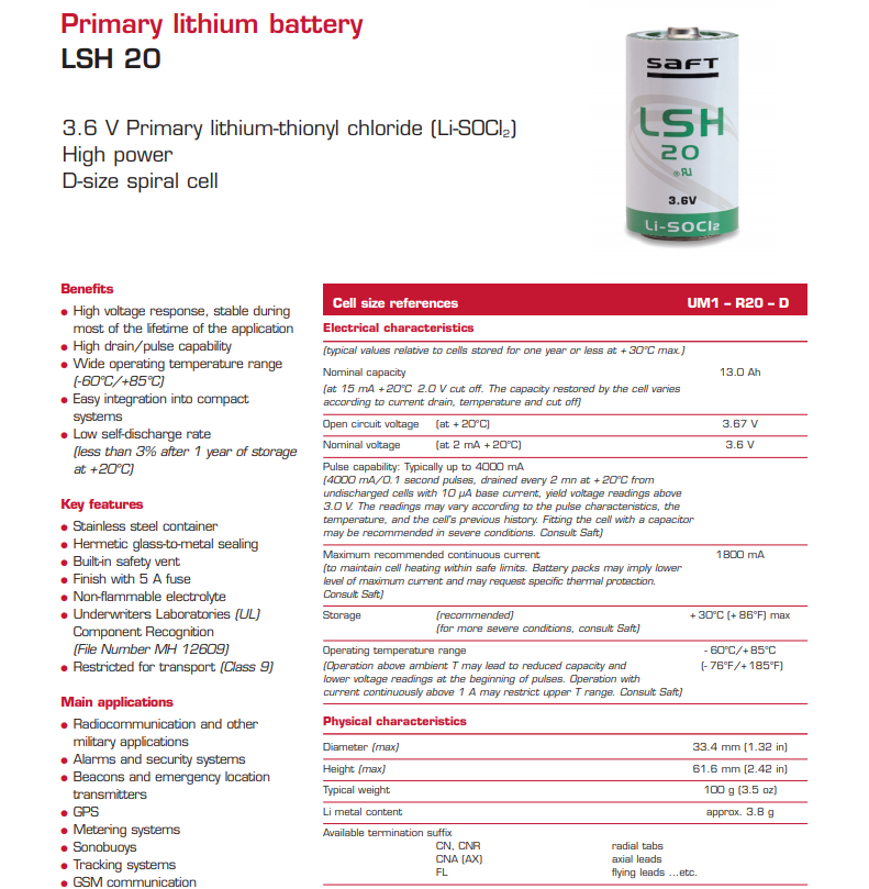 Saft LSH20 Specification Dimension