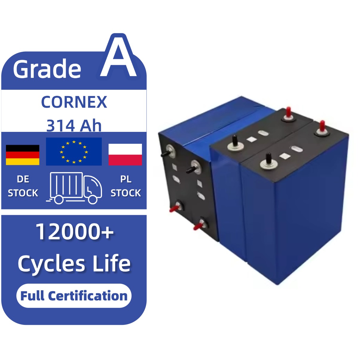 Cornex Grade LiFePO4 3.2V 314Ah Prismatic Lithium Battery Cell 12000 Cycles 60 Operating Temperature for Solar Energy Storage