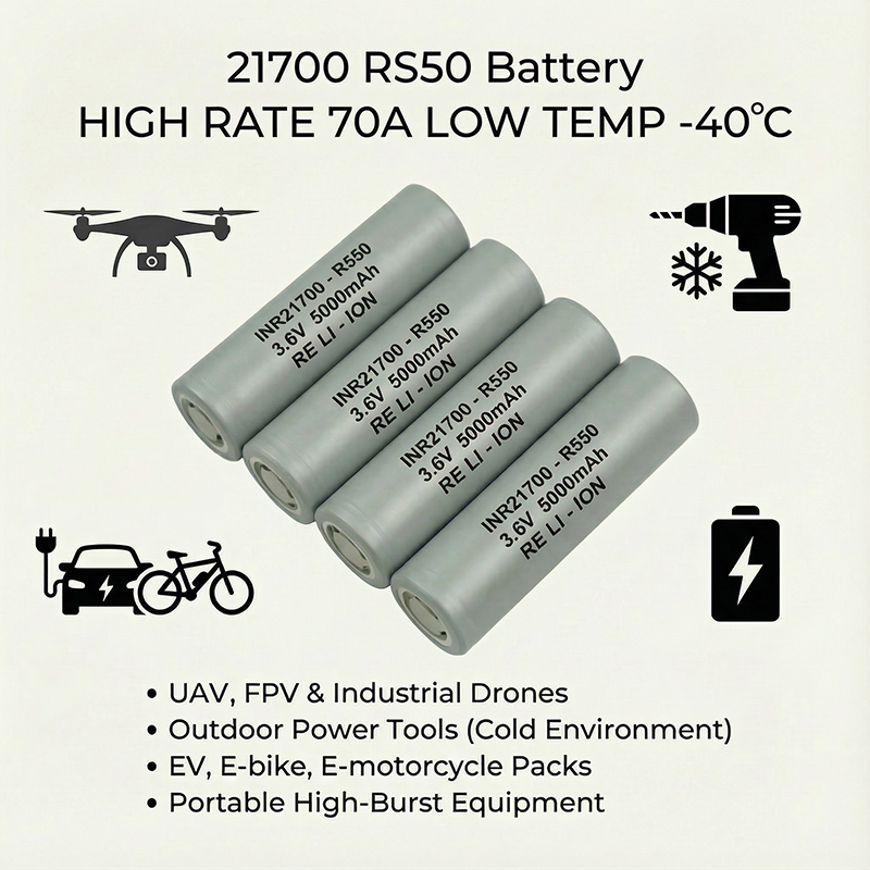 Low-temp -40&deg;C High Rate 70A 3.7V 5000mah INR21700 RS50 Rechargeable Cylindrical Cell Li Ion Lithium Ion 21700 Battery