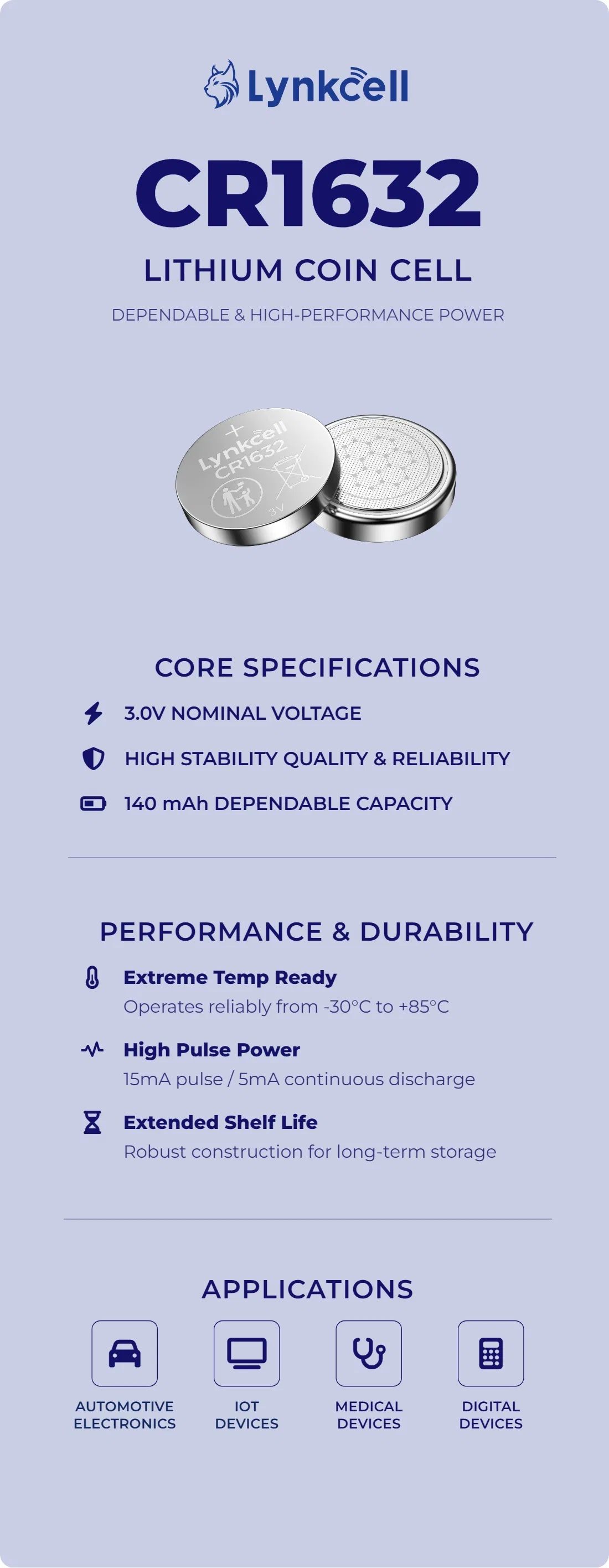 3V Lithium Cell Battery Cr2032 Cr2450 Cr1632 Cr1220 Coin Cell Button Battery Power Supply for Medical Device