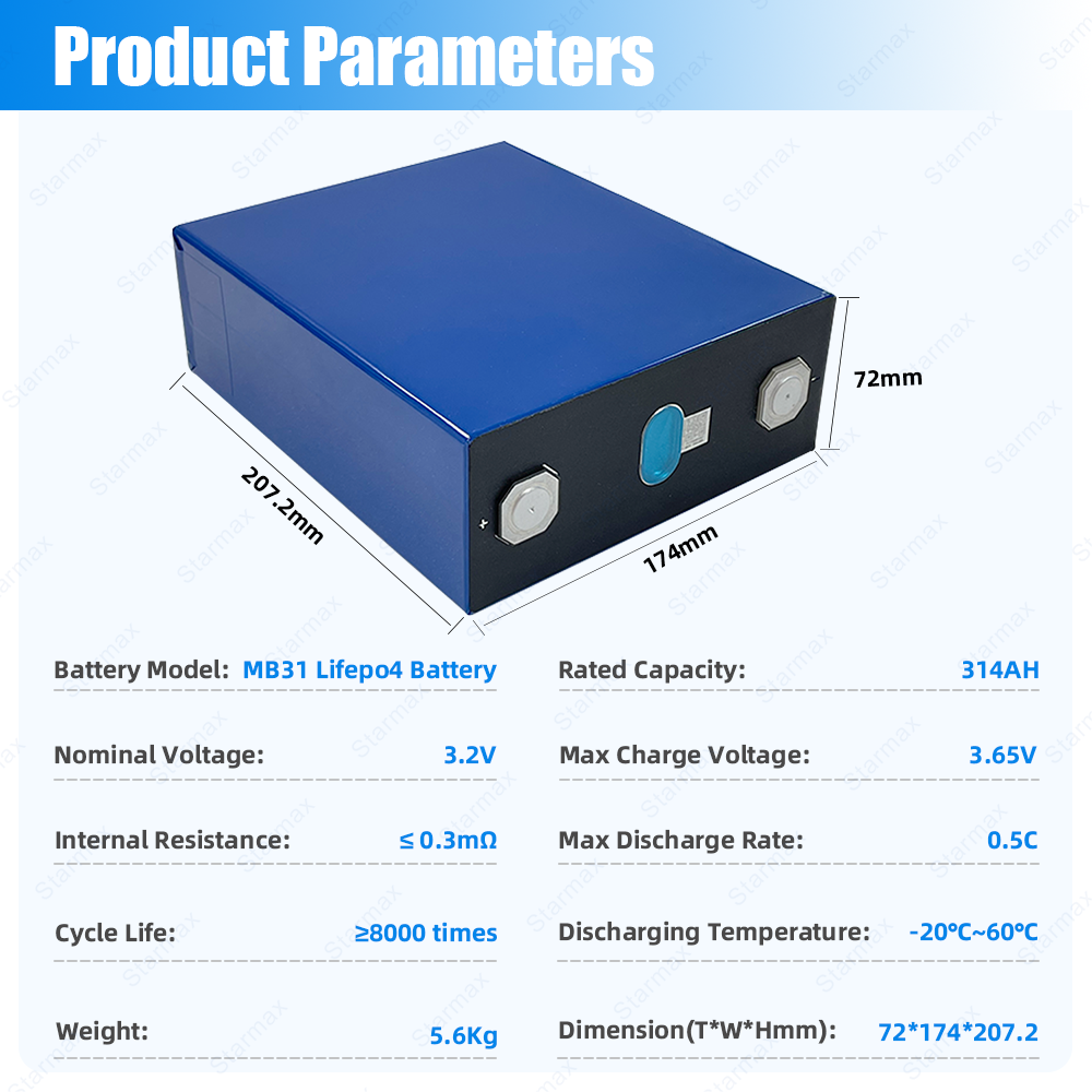 Starmax 3.2V 668Ah 628Ah 314Ah 280Ah Lithium Ion Batteries Rechargeable Prismatic Lifepo4 Battery Cells Solar Storage Battery