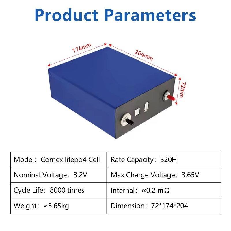 Cornex Grade LiFePO4 3.2V 314Ah Prismatic Lithium Battery Cell 12000 Cycles 60 Operating Temperature for Solar Energy Storage