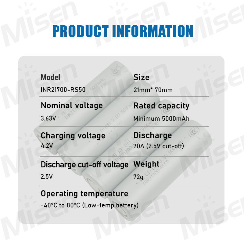 High Rate 70A Low-temp -40&deg;C 21700 RS50 Cylindrical Lithium Ion Cells 3.7v 5000mAh INR21700 Li Ion 21700 Battery