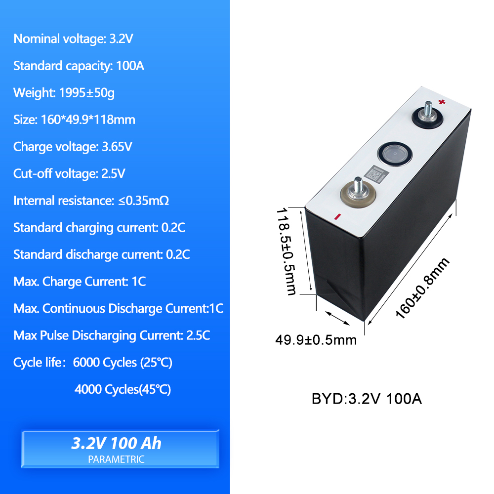 BYD 3.2V 100Ah 4C High Rate Discharge Lifepo4 Rechargeable Batteries for DIY 12V 24V 48V Solar Energy System RV Boat Car Audio