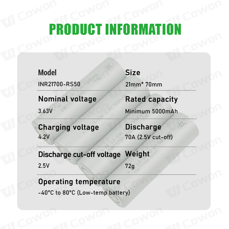 Low-temp -40&deg;C High Rate 70A 3.7V 5000mah INR21700 RS50 Rechargeable Cylindrical Cell Li Ion Lithium Ion 21700 Battery
