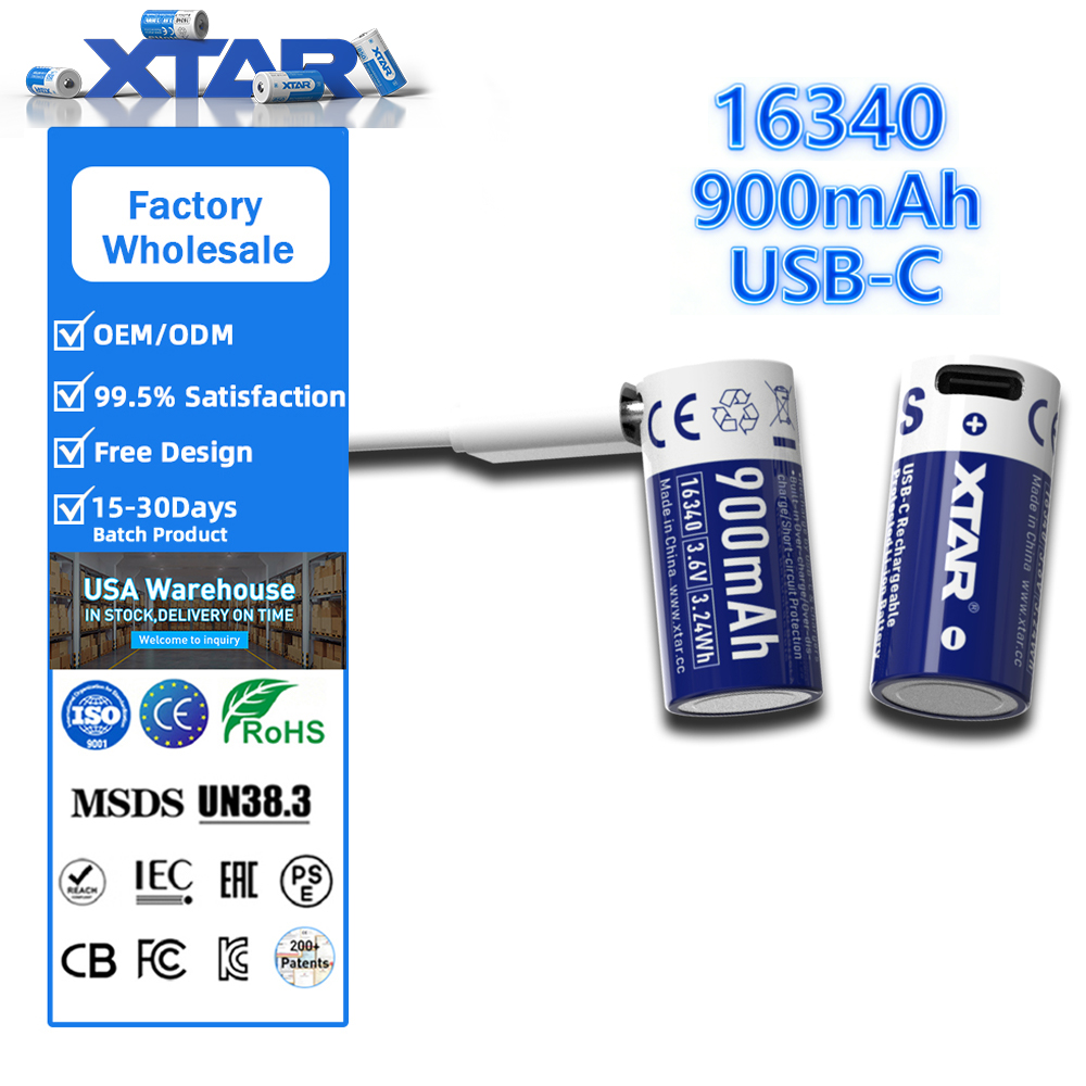 XTAR OEM Rechargeable 16340 USB-C 2.7A Max Constant Discharge Current Protected Type 3.6V Replace CR123A 16340 Li-ion Battery