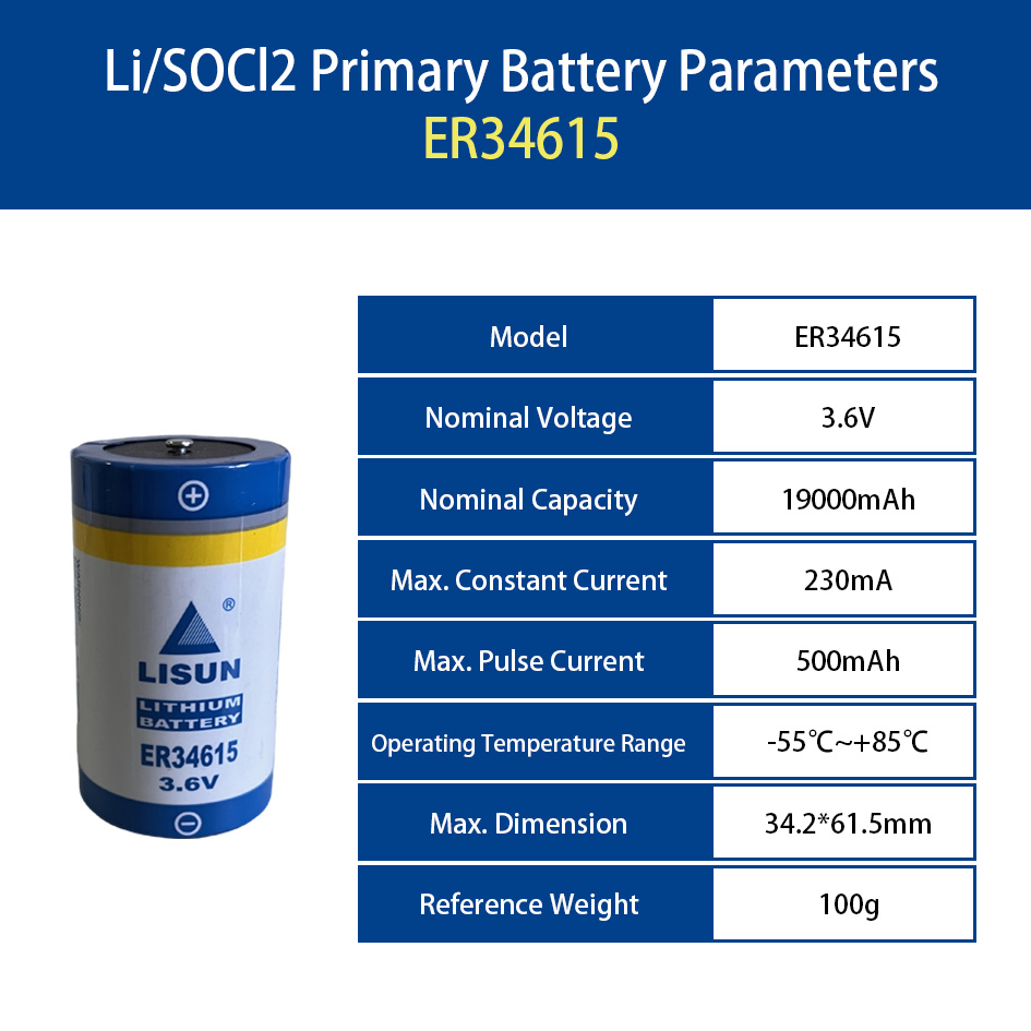 LISUN ER34615 3.6V 19000mAh 19Ah D Size Lithium Thionyl Chloride Battery for Smart Meter Consumer Electronics Home Appliances