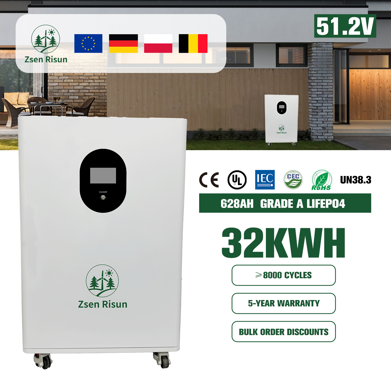LifePO4 32kWh 51.2V 628Ah 200A Battery with Grade-A Cells and Wheels Solar Energy Storage System