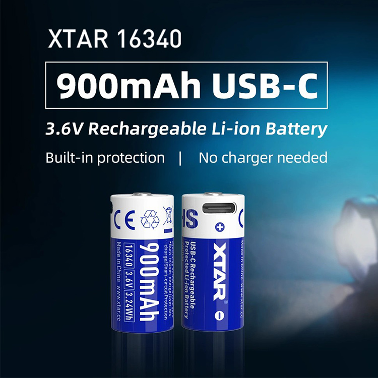XTAR OEM Rechargeable 16340 USB-C 2.7A Max Constant Discharge Current Protected Type 3.6V Replace CR123A 16340 Li-ion Battery