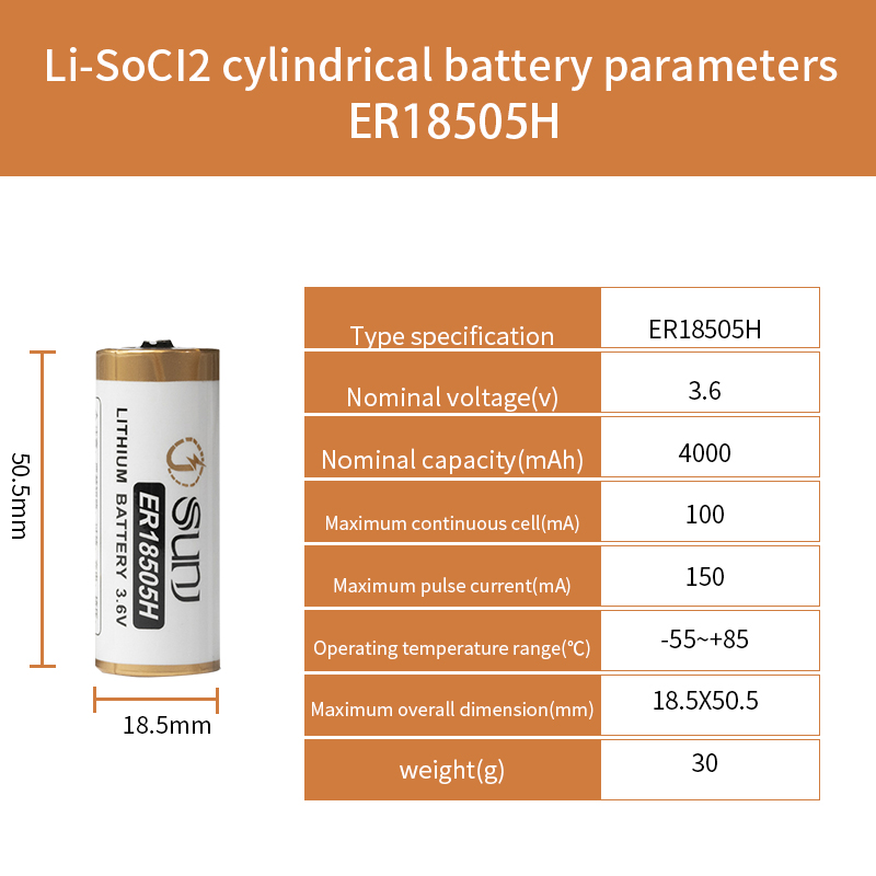 Er18505H 3.6V 4000mAh Cylindrical Lithium Thionyl Chloride Battery for Toys Home Appliances Consumer Electronics