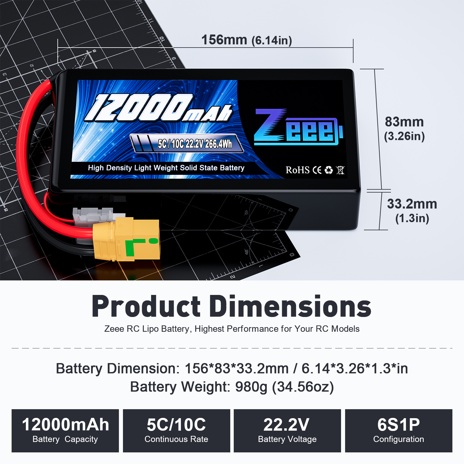 Zeee FPV Drone Battery 6S/12S 44.4V 12000/16000/23000/26000/29000/32500/35000mAh 5C/10C Semi- Solid State Battery For FPV Drone