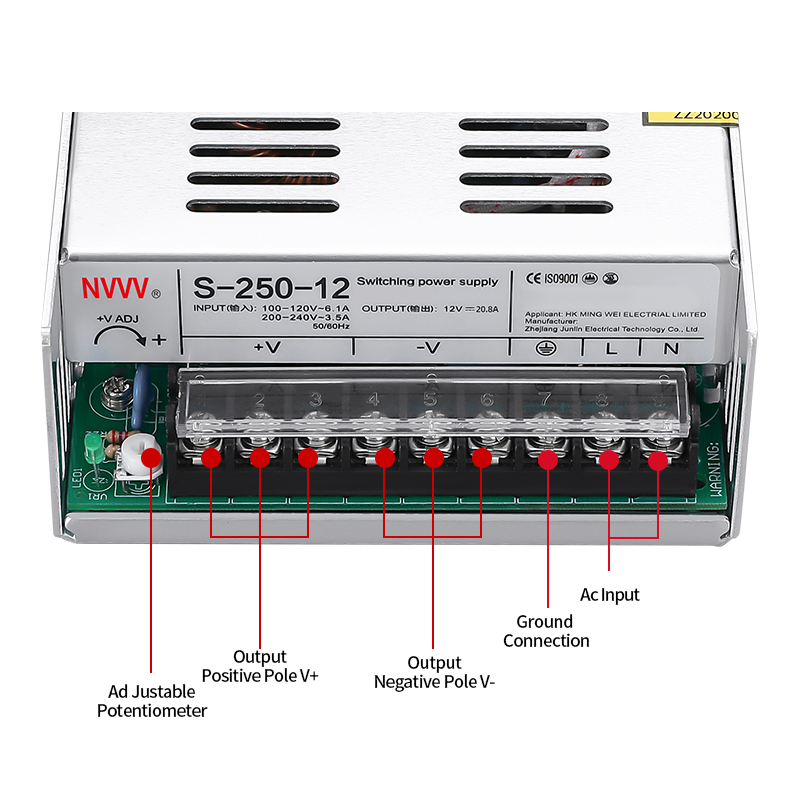 AC to DC 12V LED Transformer SMPS 12V 250W Switch Power Supply for CCTV Camera and LED Light S-250-12