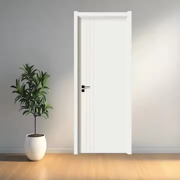 باب WPC لتصميم الحمام وغرفة النوم زجاج عازل للصوت مقاوم للماء لوح بوليمر بلون بيج فاتح أبواب بدون طلاء باب داخلي خشبي