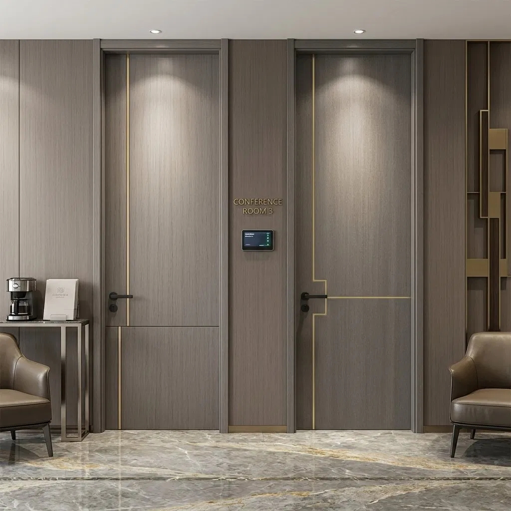 باب وود بلاستيك بوليمر PVC مقاوم للماء بتصميم داخلي حديث للفنادق والمنازل
