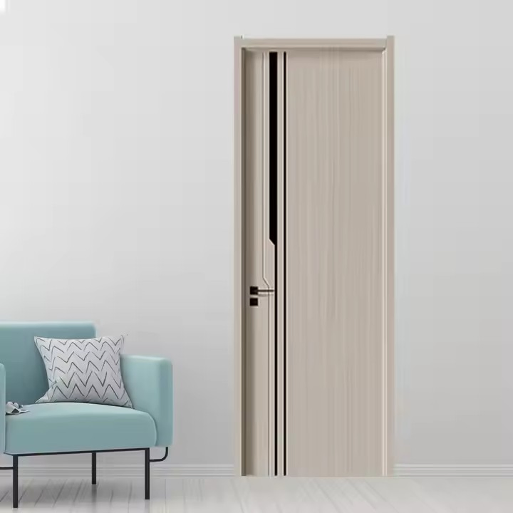 باب WPC لتصميم الحمام وغرفة النوم زجاج عازل للصوت مقاوم للماء لوح بوليمر بلون بيج فاتح أبواب بدون طلاء باب داخلي خشبي
