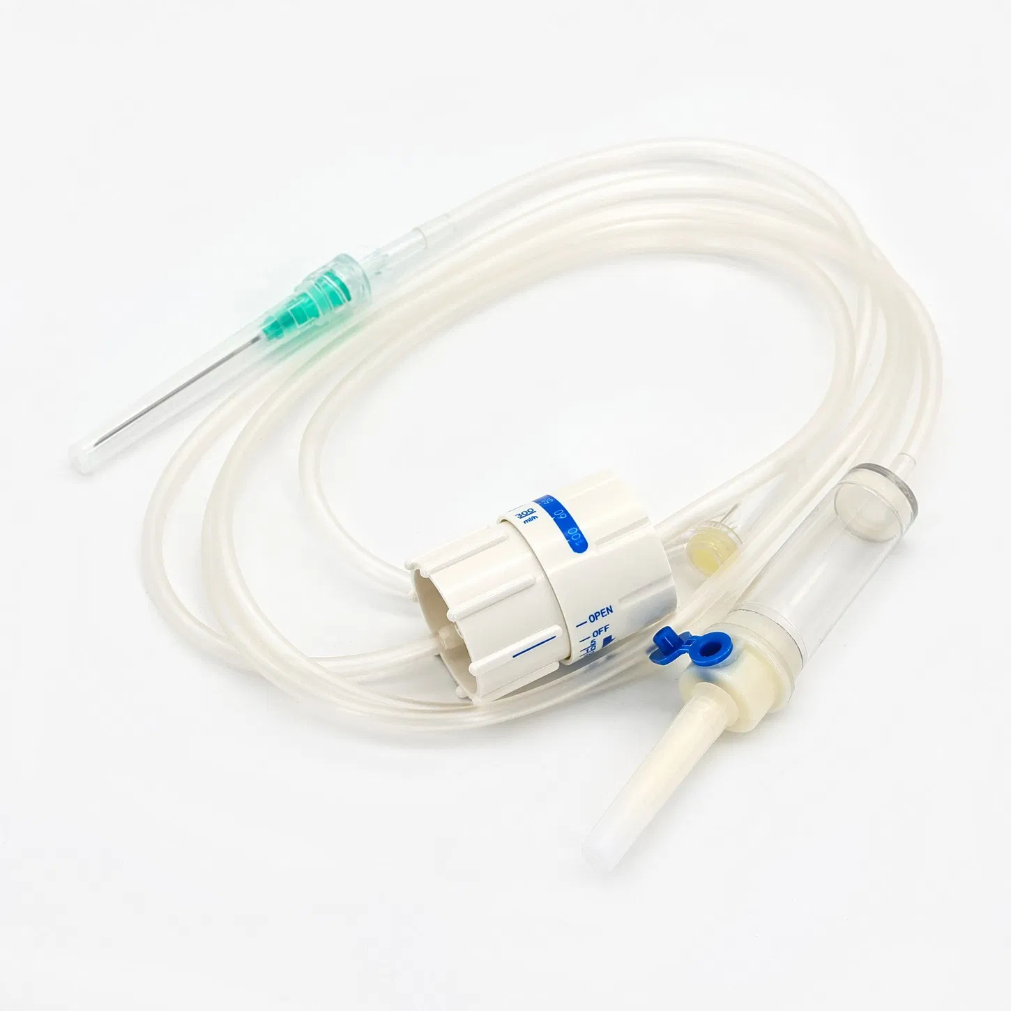 Conjunto de infusión intravenosa desechable estéril con aguja Luer Slip y Luer Lock, filtro de ventilación de aire disponible, libre de látex, con regulador de flujo