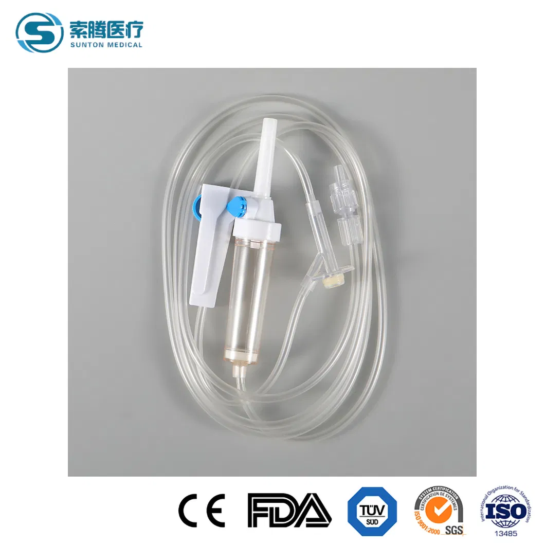 Conjunto de macro Sunton IV Fabricantes de juego de infusión de bureta desechable Conjunto de infusión desechable IV con clamp de rodillo de seguridad