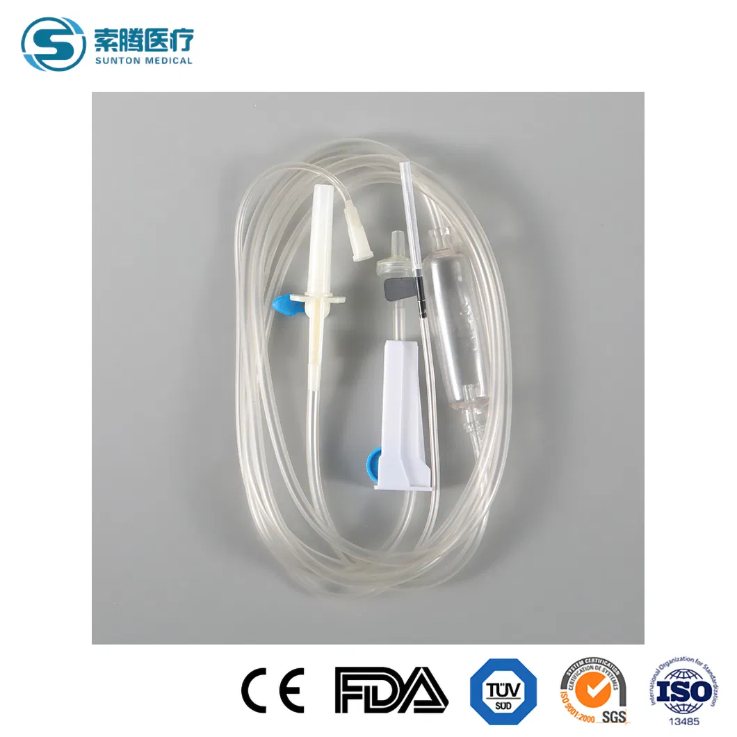 Conjunto de macro Sunton IV Fabricantes de juego de infusión de bureta desechable Conjunto de infusión desechable IV con clamp de rodillo de seguridad