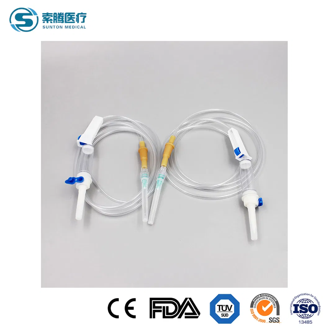 Proveedor de juego de infusión desechable Sunton Low Sorbing Tubing China, juego de goteo IV / juego IV de seguridad, juego de infusión TPE con filtro de 0.2 micrones, juego IV de PVC libre con aguja