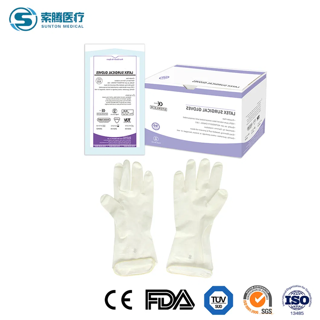 Luvas Cirúrgicas Antibacterianas Sunton China GB4806.11-2016 Luvas de Látex com Padrão de Segurança Fábrica de Luvas de Látex com Boa Estanqueidade Luvas Cirúrgicas de Alta Qualidade