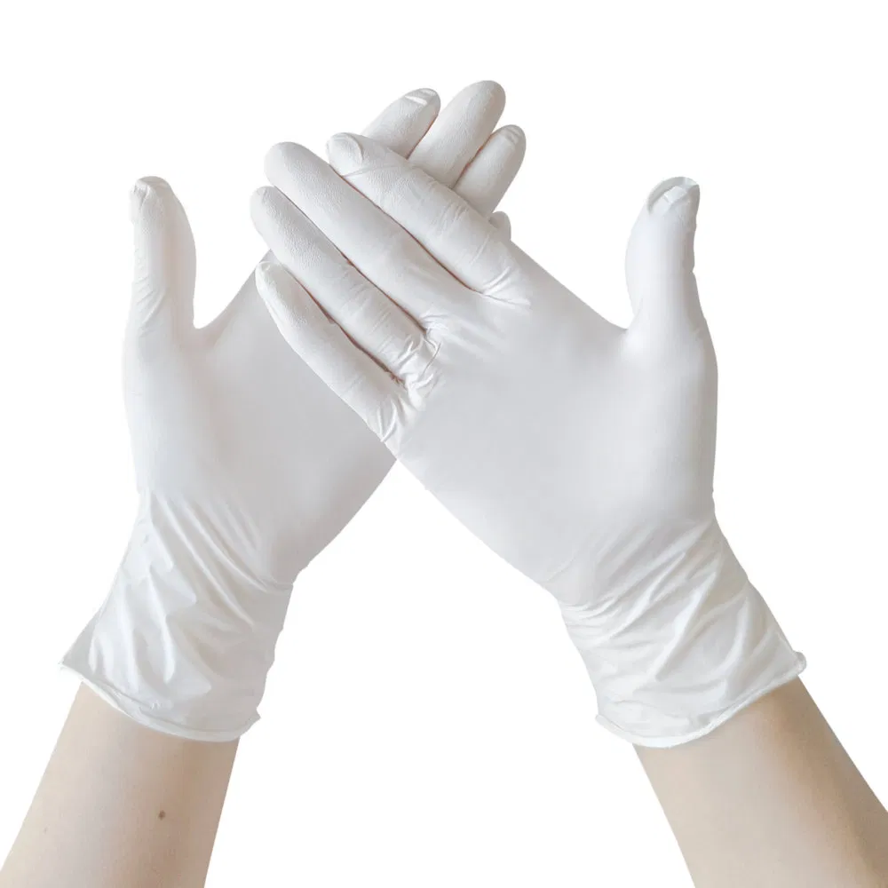 Luvas de exame de nitrilo descartáveis brancas e flexíveis para procedimentos cirúrgicos