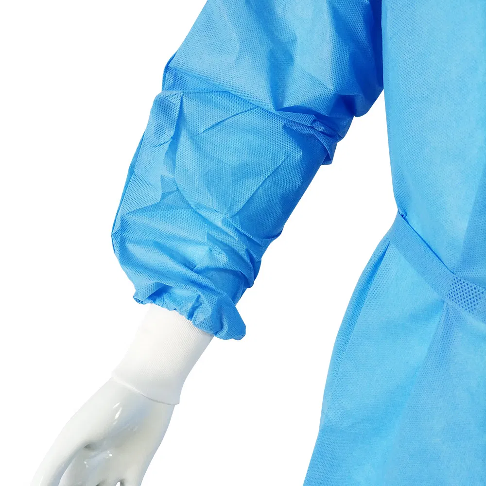 Gola longa descartável azul de alto desempenho revestida de poliéster SMS para isolamento de quimioterapia para pacientes