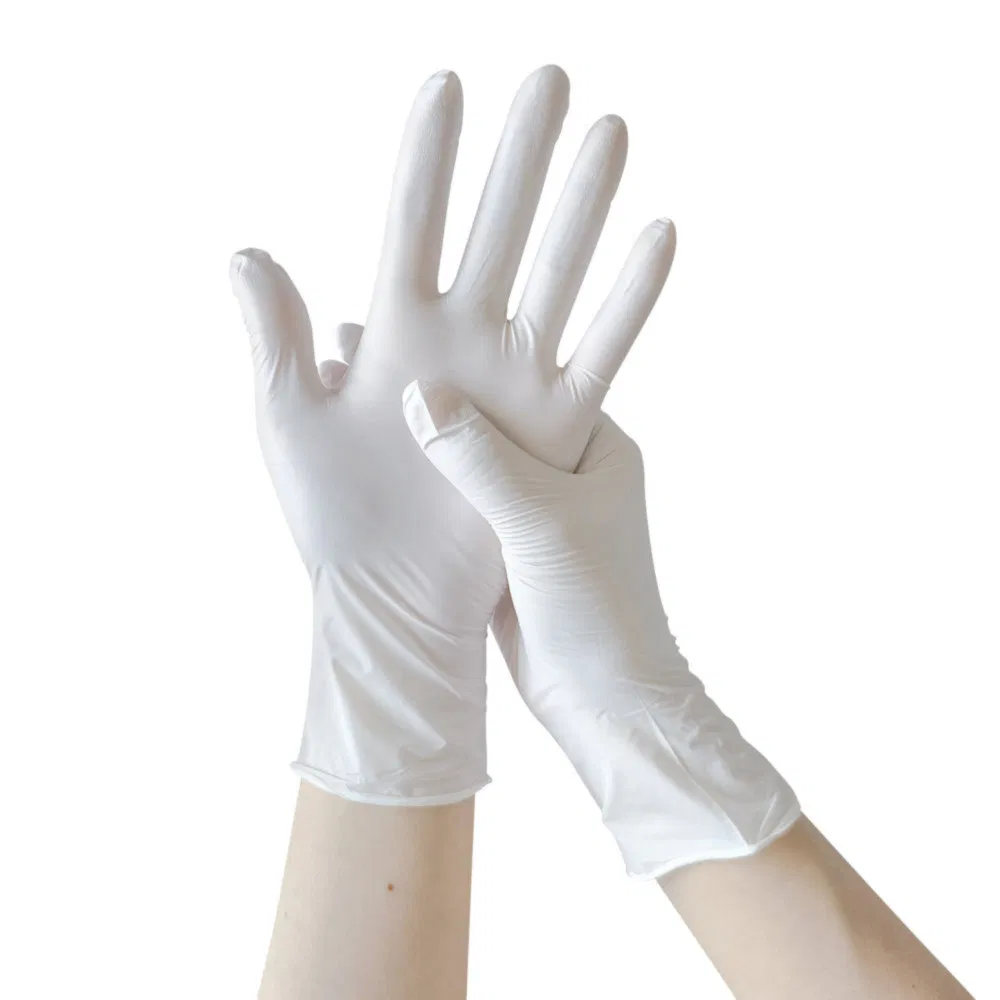 Luvas de exame de nitrilo descartáveis brancas e flexíveis para procedimentos cirúrgicos
