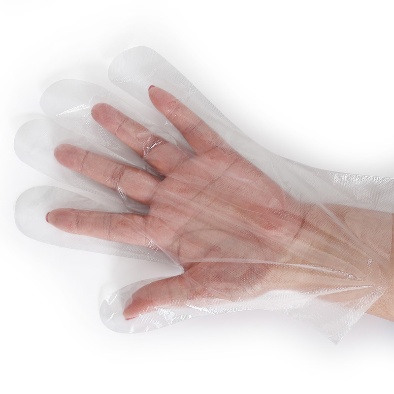 Luvas descartáveis de exame cirúrgico em PE elástico transparente, feitas de plástico Polietileno/CPE/HDPE LDPE/PVC/Vinil, para a indústria de processamento de alimentos