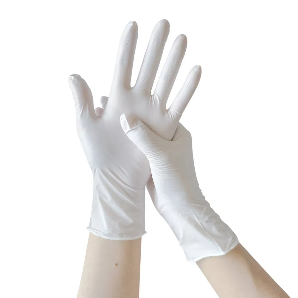 Luvas de exame de nitrilo descartáveis brancas e flexíveis para procedimentos cirúrgicos