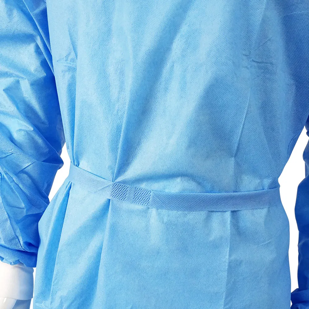 Gola longa descartável azul de alto desempenho revestida de poliéster SMS para isolamento de quimioterapia para pacientes